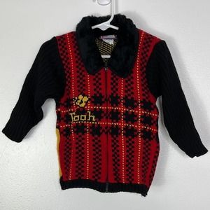VTG Winnie the Pooh Red & Black Faux Fur Collared Zip Up Cardigan Sweater 2T